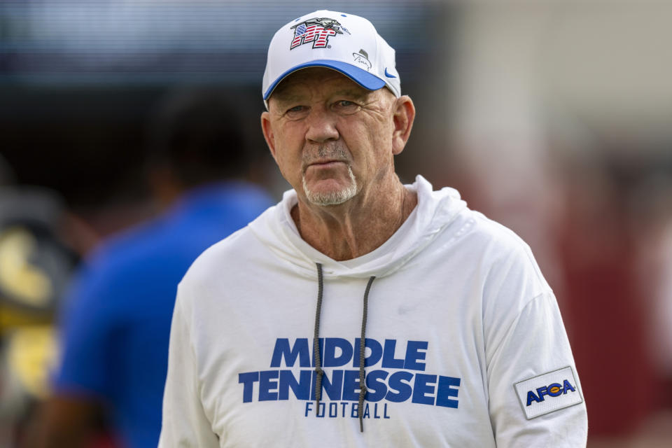 Middle Tennessee head coach Rick Stockstill takes the field in warmups before an NCAA college football game against Alabama, Saturday, Sept. 2, 2023, in Tuscaloosa, Ala. (AP Photo/Vasha Hunt)