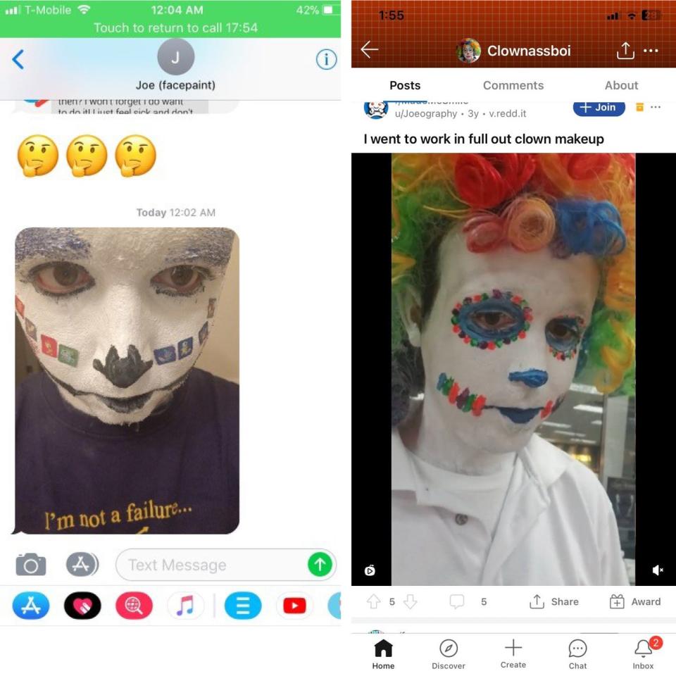 Left: Joseph Tokosh sent this selfie to Sophie Levan when she was an undergraduate at Kent State University. Levan had earlier filed a police report about Tokosh and his push to get her to wear clown makeup. Right: In this Reddit post, Tokosh is seen in clown makeup. Tokosh wrote on that account about having a fetish tied to clowns and that he would enlist his students to participate in it.