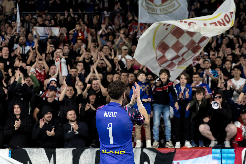 Danijel Nizic thanks the fans during the Australia Cup Final football match.