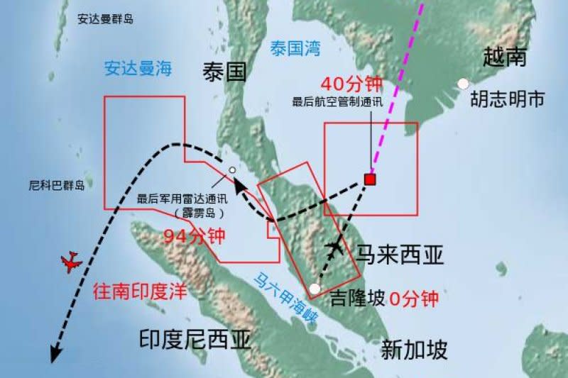 馬來西亞航空MH370班機可能航線圖（維基百科）