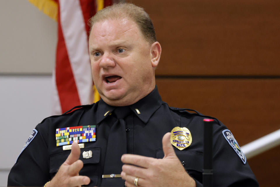 Sunrise Police Lt. Craig Cardinale testifies during the trial of former Marjory Stoneman Douglas High School Resource Officer Scot Peterson at the Broward County Courthouse in Fort Lauderdale, Fla., on Tuesday, June 20, 2023. Broward County prosecutors charged Peterson, a former Broward Sheriff's Office deputy, with criminal charges for failing to enter the 1200 Building at the school and confront the shooter. Cardinale's son was in the 1200 building at the time of the shooting and Cardinale responded to the high school (Amy Beth Bennett/South Florida Sun-Sentinel via AP, Pool)