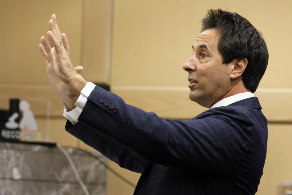 Defense lawyer Mark Eiglarsh speaks during a hearing in the case of former Marjory Stoneman Douglas High School School Resource Officer Scot Peterson at the Broward County Courthouse in Fort Lauderdale, Fla., Monday, May 22, 2022. Broward County prosecutors charged Peterson, a former Broward Sheriff's Office deputy, with criminal charges for failing to enter the 1200 Building at the school and confront the shooter, Nikolas Cruz, during a mass shooting the Parkland high school five years ago. (Amy Beth Bennett/South Florida Sun-Sentinel via AP)