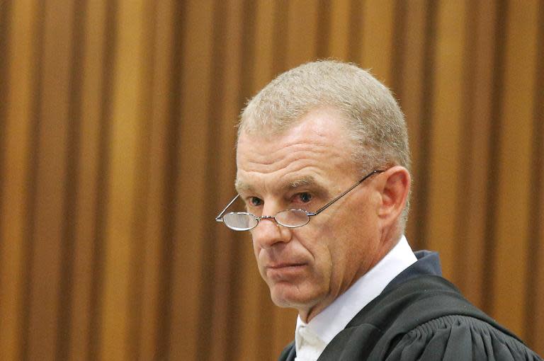 Prosecutor Gerrie Nel cross-examines Oscar Pistorius during his trial in Pretoria on April 14, 2014