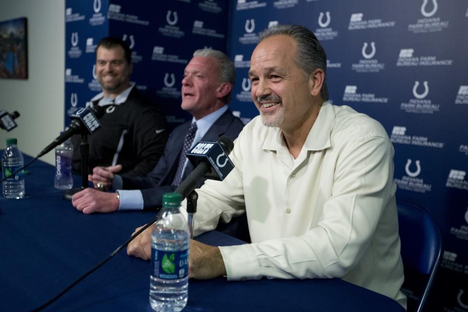 Ryan Grigson, Jim Irsay and Chuck Pagano were smiling last January, but can't be smiling now as the Colts have stumbled out of the gate (AP)