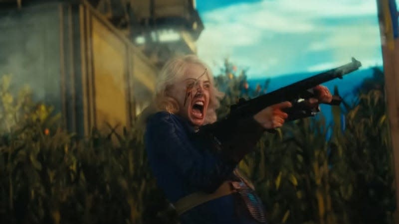 A lady with a fork in her eye fires a gun while screaming.