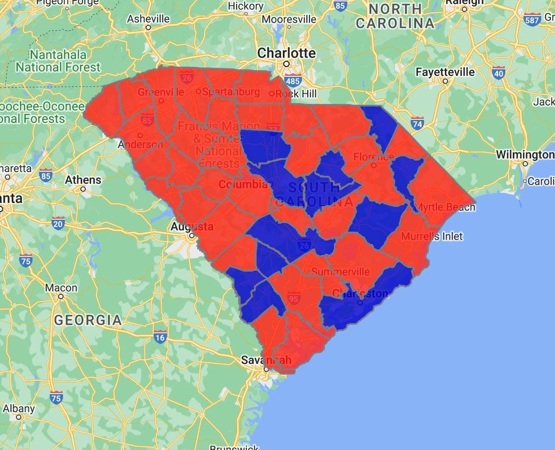 An image that shows which South Carolina counties swung Republican and which ones swung Democrat in the election for governor on Tuesday.