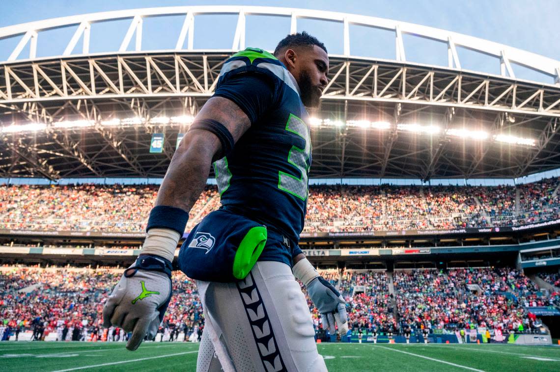 Seattle Seahawks safety Jamal Adams (33) walks toward the locker room during the second quarter of an NFL game against the San Francisco 49ers on Sunday at Lumen Field in Seattle.