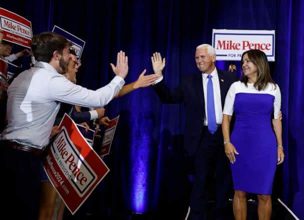 PHOTO: Former Vice President Mike Pence is greeted by supporters as he arrives with his wife Karen to make a U.S. presidential campaign announcement kicking off his race for the 2024 Republican presidential nomination in Ankeny, Iowa, June 7, 2023. (Jonathan Ernst/Reuters)