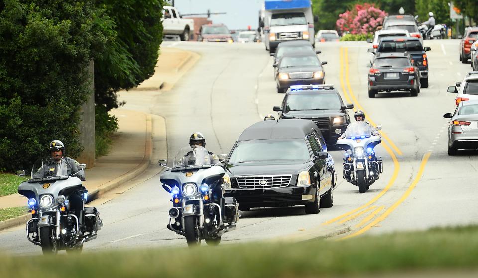 The funeral procession was held Sunday afternoon for fallen Spartanburg County Sheriff's Office deputy Austin Aldridge. The procession is shown on St. John Street in downtown Spartanburg.