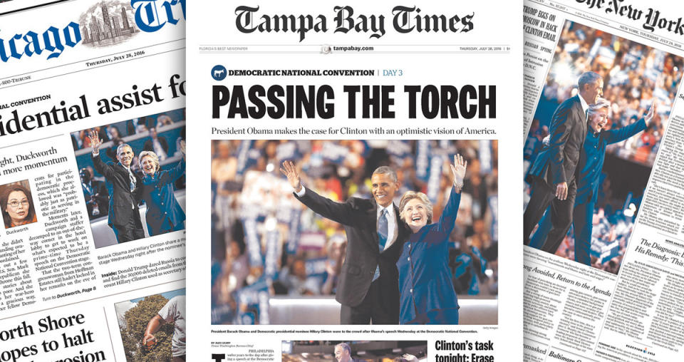 <p>Chicago Tribune, Tampa Bay Times and New York Times front pages. (newseum.org)<br></p>