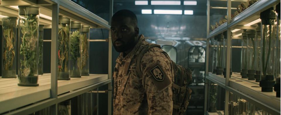 a soldier in military fatigues looks at biological samples in jars in a laboratory