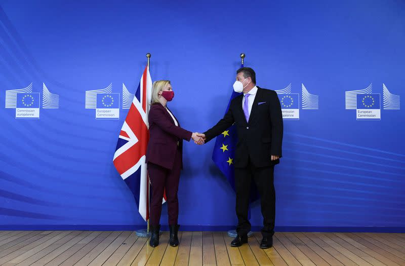 British foreign secretary Liz Truss and the EU commissioner Maros Sefcovic meet in Brussels