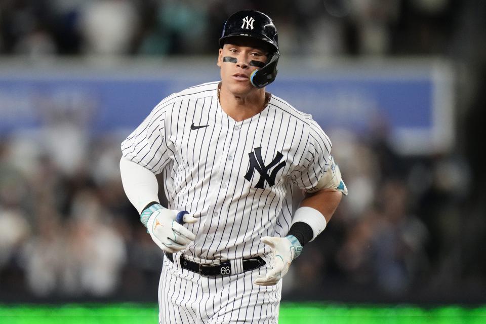 New York Yankees' Aaron Judge runs the bases on a three-run home run against the Arizona Diamondbacks during the third inning of a baseball game Friday, Sept. 22, 2023, in New York. (AP Photo/Frank Franklin II)