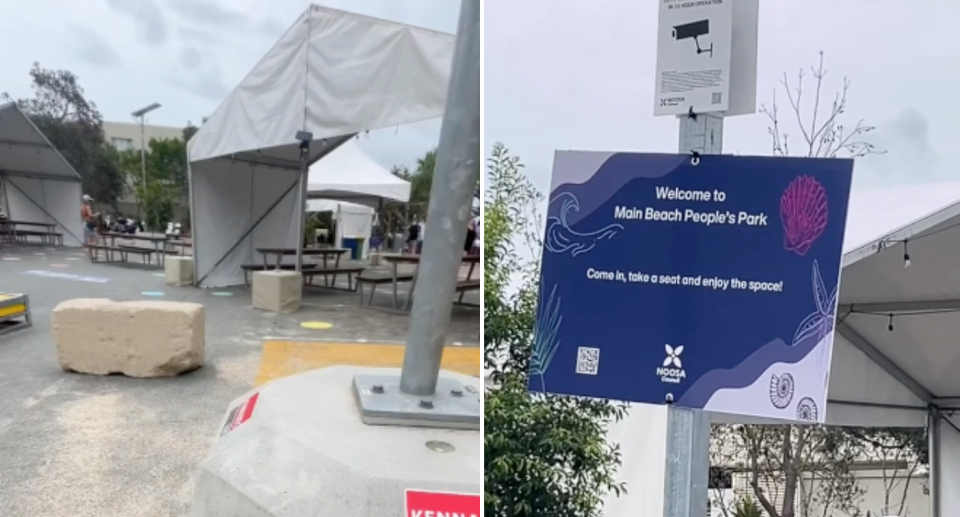 Screenshots of the 'people's park' in Noosa with a marquee and tables and chairs.