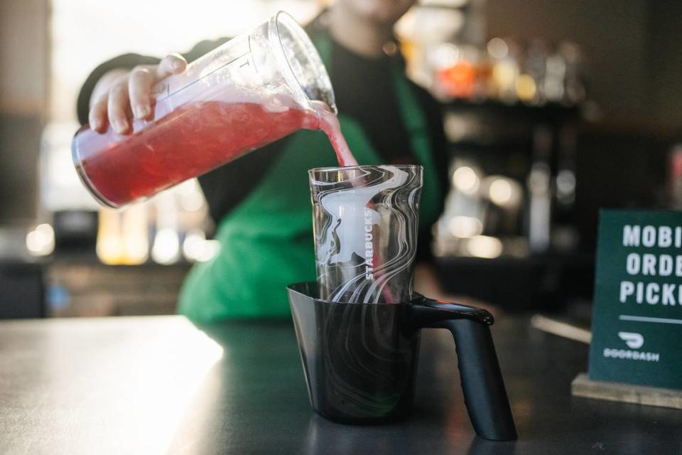Starbucks customers who bring their own personal cup can get 10 cents off their drink order.
