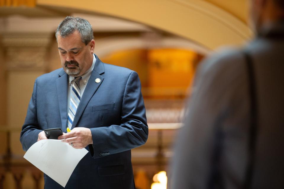 Senate Majority Whip Richard Hilderbrand, R-Galena, walks in the Statehouse. File photo.