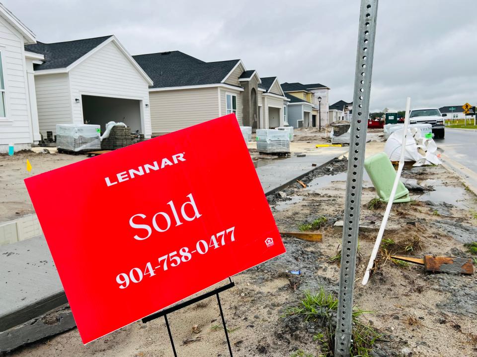 A sold sign can be seen in front of one of dozens of new homes under construction at Hutson Companies' massive 8,500-acre SilverLeaf community in St. Johns County off of County Road 16A on Monday, March 13, 2023.