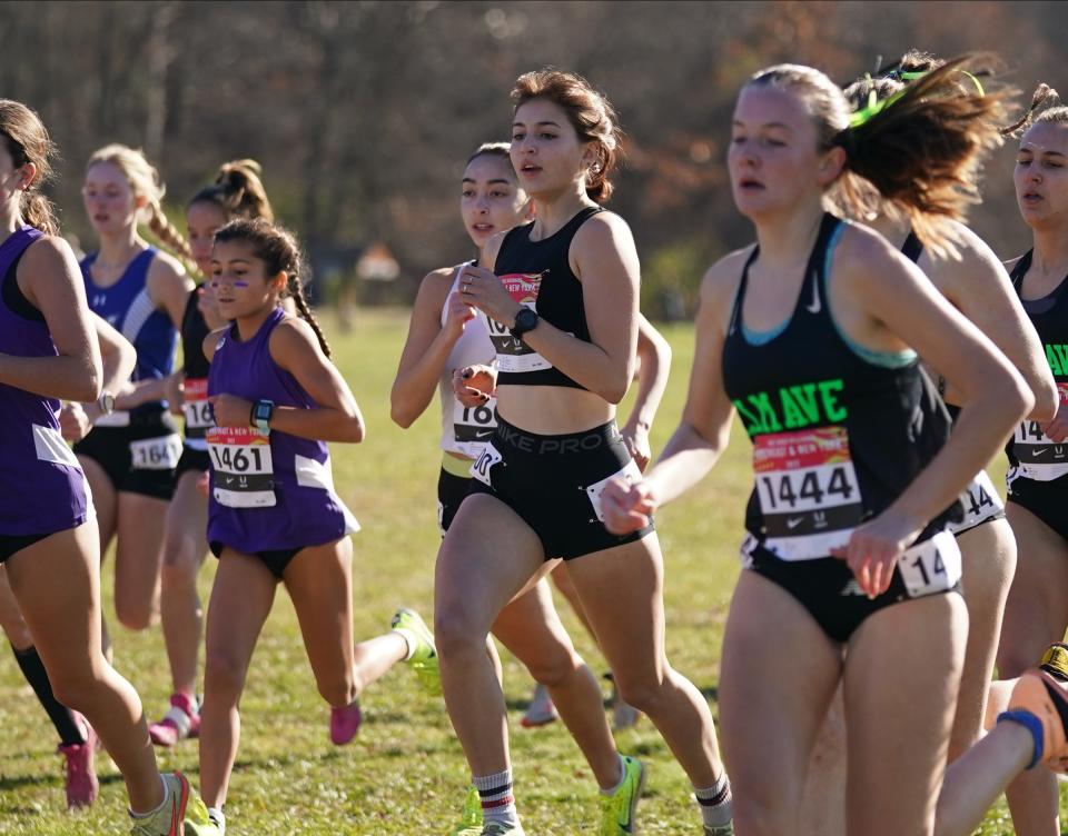 Fox Lane's Morgan Eigel, center, competes in the Nike Cross Regionals New York qualifying race at Bowdoin Park in Wappingers Falls on Saturday, November 26, 2022.