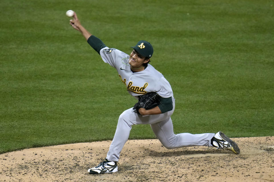 Oakland Athletics relief pitcher Shintaro Fujinami delivers during the sixth inning of a baseball game against the Pittsburgh Pirates in Pittsburgh, Monday, June 5, 2023. (AP Photo/Gene J. Puskar)