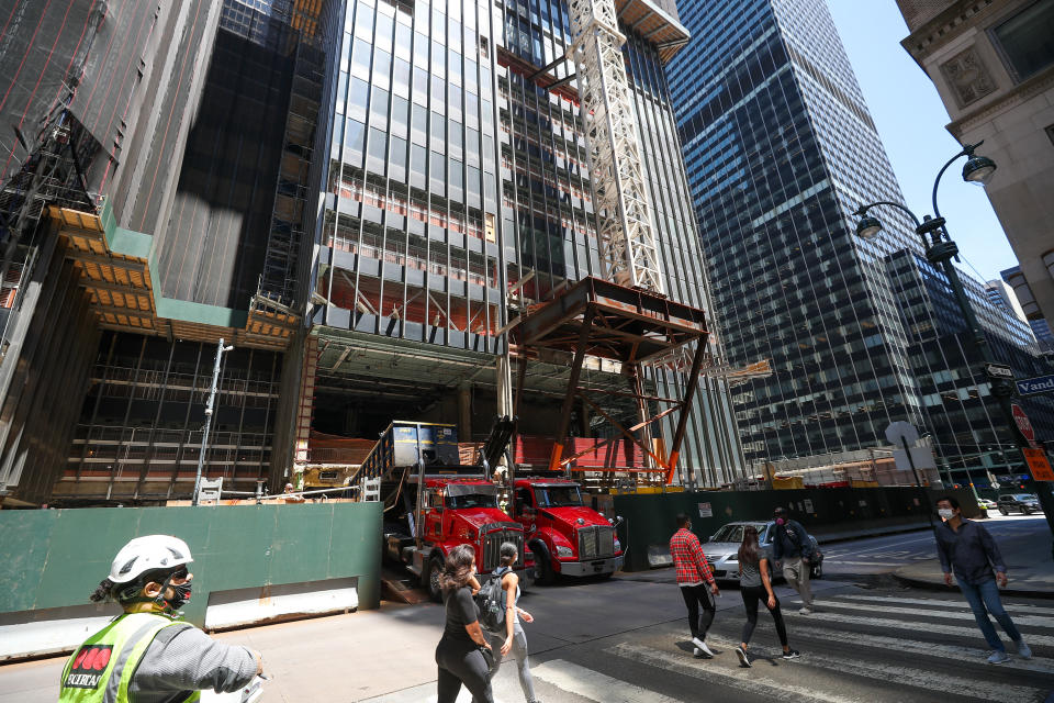 NEW YORK, USA - JUNE 8: Construction trucks are seen at a construction as sitting outside in restaurants and cafes and production and construction sectors are allowed to start working after New York City began first phase of reopening after nearly three months of shutdown in New York, United States on June 8, 2020. (Photo by Tayfun Coskun/Anadolu Agency via Getty Images)