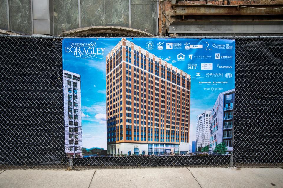 Renderings of the Residences @ 150 Bagley located at the former United Artists Theatre Building in Detroit on March 31, 2022. The rehabbed building is scheduled to open in late 2023.