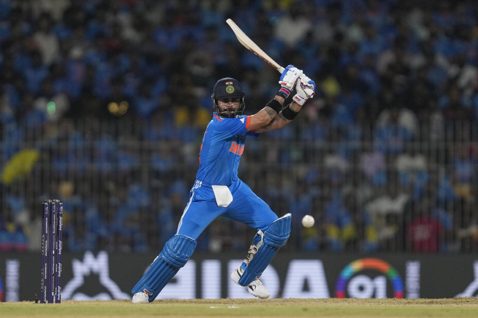 India's Virat Kohli plays a shot during ICC Cricket World Cup match between India and Australia in Chennai, India, Sunday, Oct. 8, 2023. (AP Photo/Rafiq Maqbool)