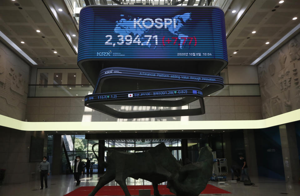 People wearing face masks walk near a screen showing the Korea Composite Stock Price Index (KOSPI) at the Korea Exchange in Seoul, South Korea, Thursday, Oct. 8, 2020. Asian shares were mostly higher Thursday on optimism that U.S. stimulus may be coming, as President Donald Trump appeared to reverse his earlier decision to halt talks on another economic rescue effort. (AP Photo/Lee Jin-man)