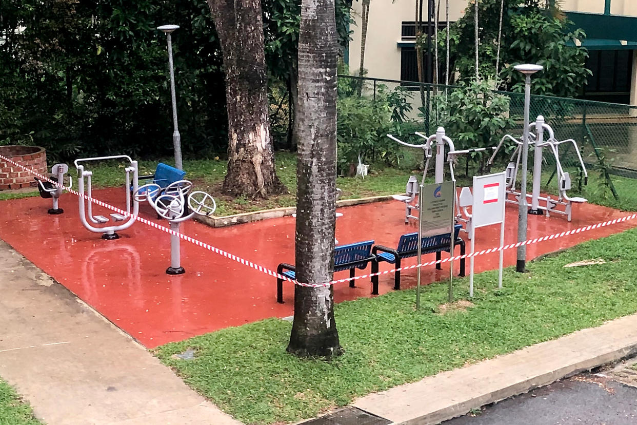 A fitness corner in the Queen's Road area seen cordoned off on 8 April 2020, Day 2 of Singapore's "circuit breaker" period (PHOTO: Dhany Osman / Yahoo News Singapore