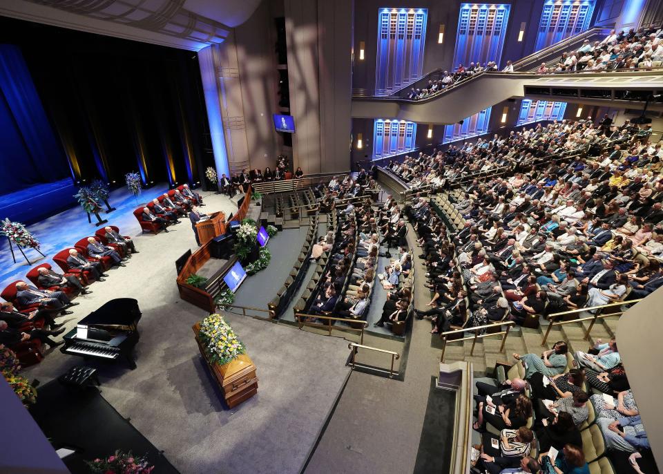 David F. Holland speaks during the funeral service of his mother, Sister Patricia T. Holland, at the Conference Center Theater in Salt Lake City on Friday, July 28, 2023. | Jeffrey D. Allred, Deseret News