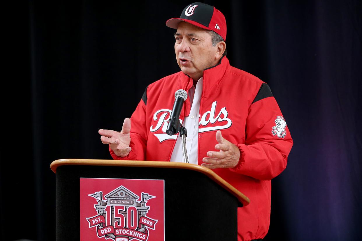 Reds Hall of Fame catcher Johnny Bench speaks as the Cincinnati Reds re-opened the Hall of Fame and Museum following an extensive $5.5 million renovation, Friday, March 29, 2019, at Great American Ball Park in Cincinnati. 
