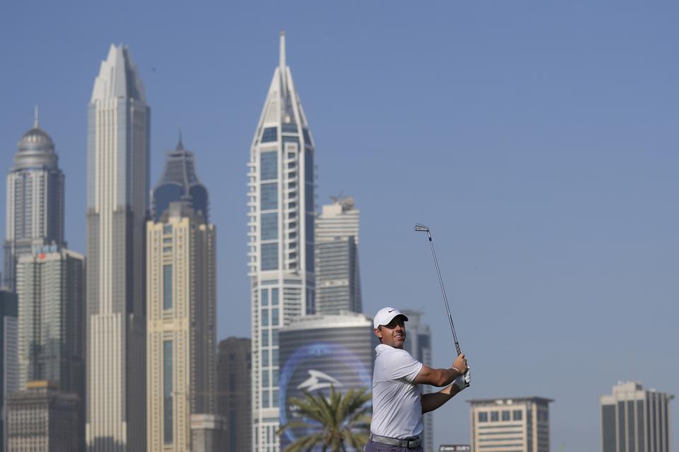 Rory McIlroy of Northern Ireland plays his second shot on 13th hole during the first round of the Hero Dubai Desert Classic golf tournament in Dubai, United Arab Emirates, Thursday, Jan. 18, 2024. (AP Photo/Kamran Jebreili)