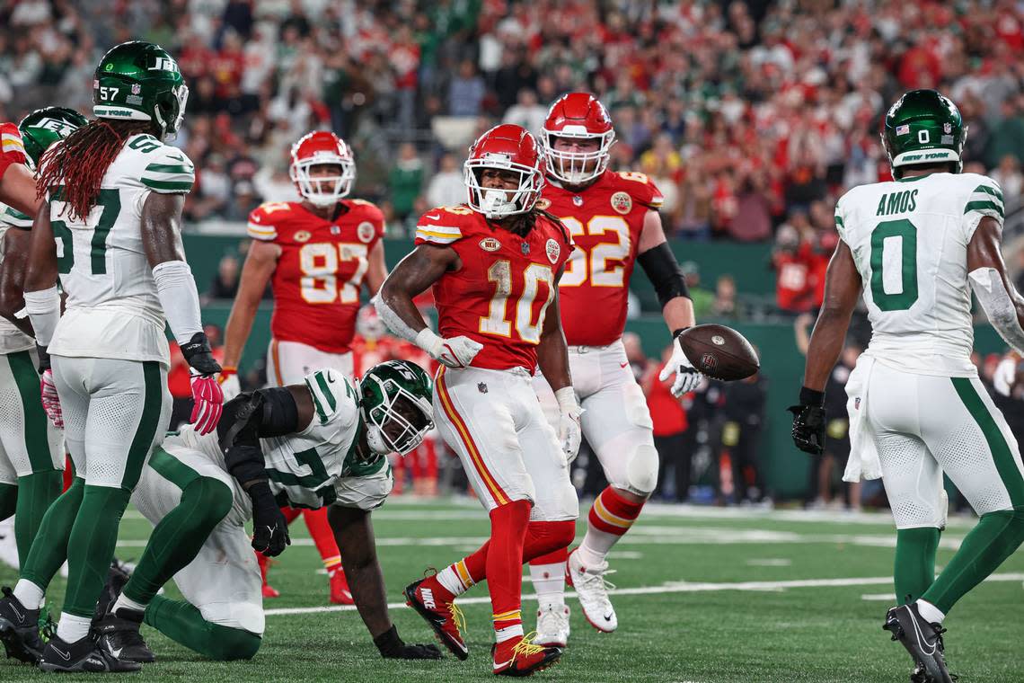 Chiefs running back Isiah Pacheco (No. 10) was fired up after rushing for a pivotal late first down during Sunday night’s game against the New York Jets at MetLife Stadium.
