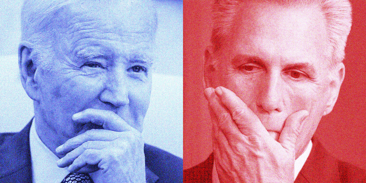 A side by side of Joe Biden with a blue overlay and Kevin McCarthy with a red overlay. (NBC News / Getty Images; AP)