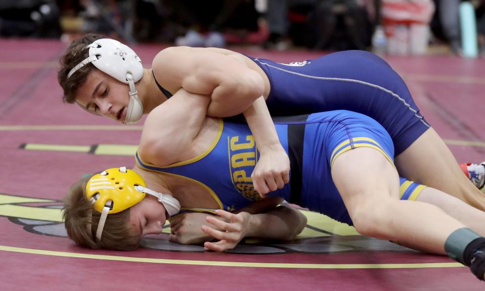 Nicholas Fortugno of Byram Hills defeated Charles Pryzmylski of Mahopac in the 102 pound championship during the Section 1 Division 1 Wrestling Championships at Arlington High School in Lagrangeville Feb. 12, 2023.