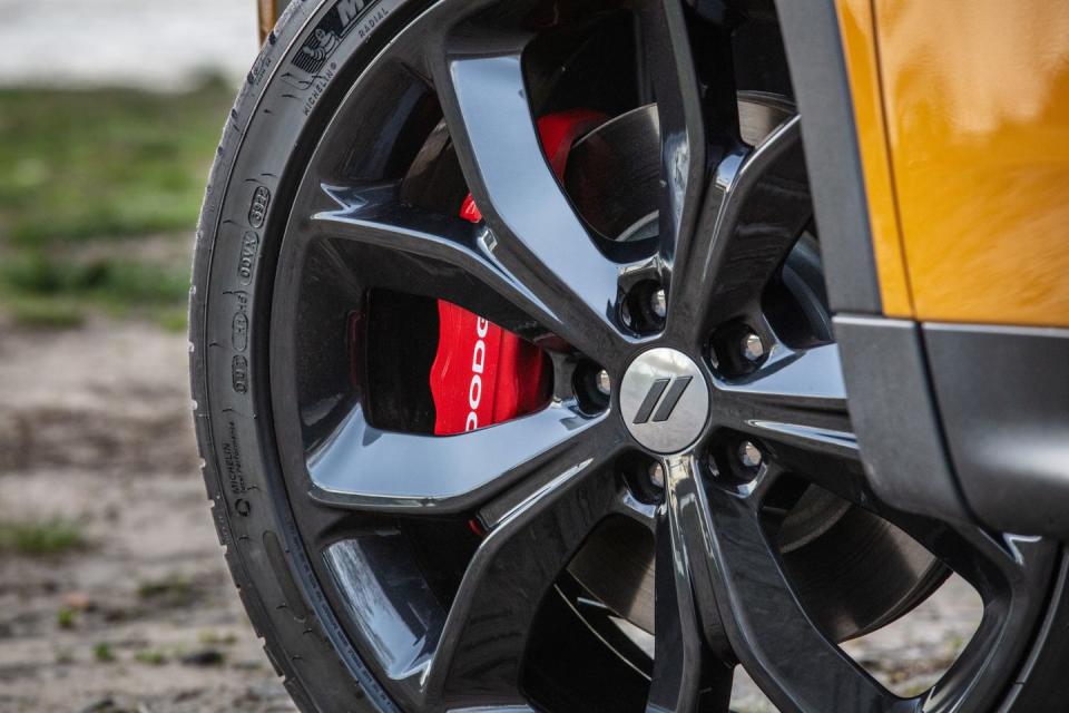 <p>The Track Pack is available on any trim and includes four-piston Brembo front brake calipers, 20-inch wheels, and electronically controlled dampers.</p>