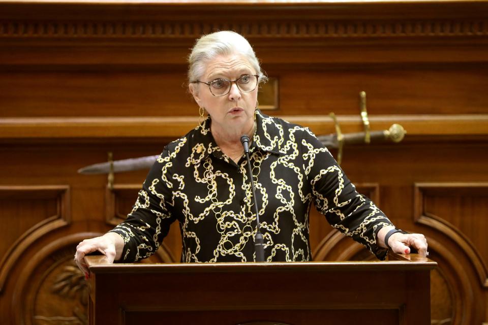 Republican South Carolina Sen. Katrina Shealy speaks about a bill banning abortion on the Senate floor on Wednesday, Sept. 7, 2022, in Columbia, S.C. (AP Photo/Jeffrey Collins)