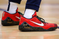 Nike shoe worn by Lonzo Ball #2 of the New Orleans Pelicans memorializing former NBA player Kobe Bryant who was killed in a helicopter crash are pictured as he warms up before a game against the Boston Celtics at the Smoothie King Center on January 26, 2020 in New Orleans, Louisiana. (Photo by Jonathan Bachman/Getty Images)