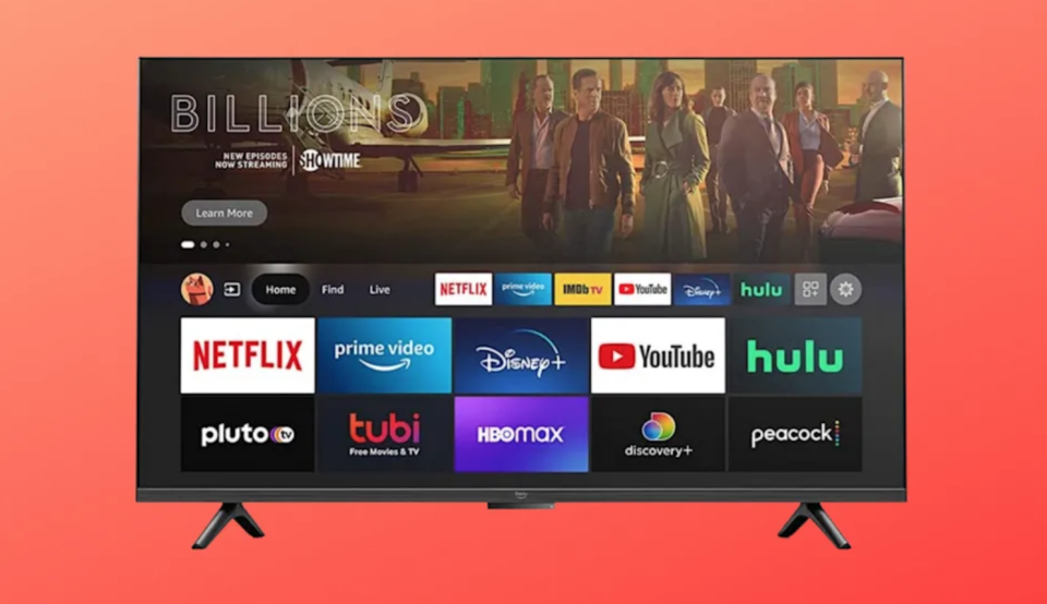 A large Amazon Fire brand smart TV set to its homepage showing all its apps, such as Netflix, Youtube, and Hulu. 