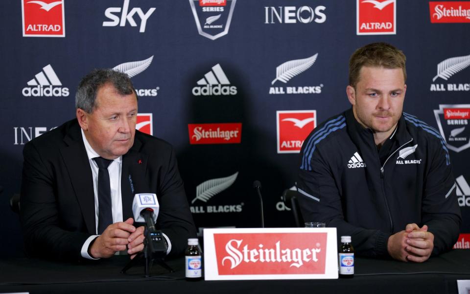 Coach Ian Foster and Sam Cane of New Zealand look on during a press conference following the International Test match between the New Zealand All Blacks and Ireland at Sky Stadium on July 16, 2022 in Wellington, New Zealand. - GETTY IMAGES