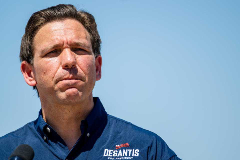 EAGLE PASS, TEXAS - JUNE 26: Republican presidential candidate, Florida Gov. Ron DeSantis speaks during a press conference on the banks of the Rio Grande on June 26, 2023 in Eagle Pass, Texas. Gov. DeSantis visited the border along the Rio Grande and engaged residents and voters while speaking on border security at an event earlier in the day. (Photo by Brandon Bell/Getty Images)