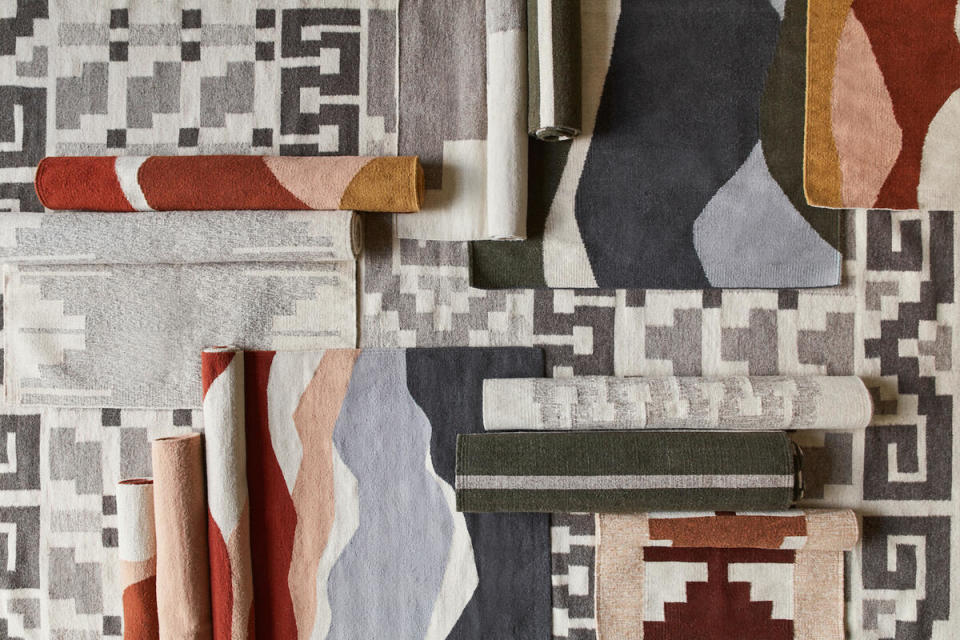 A selection of rugs from the Mexico capsule collection at The Citizenry, including the De Las Aves hand-woven area rug