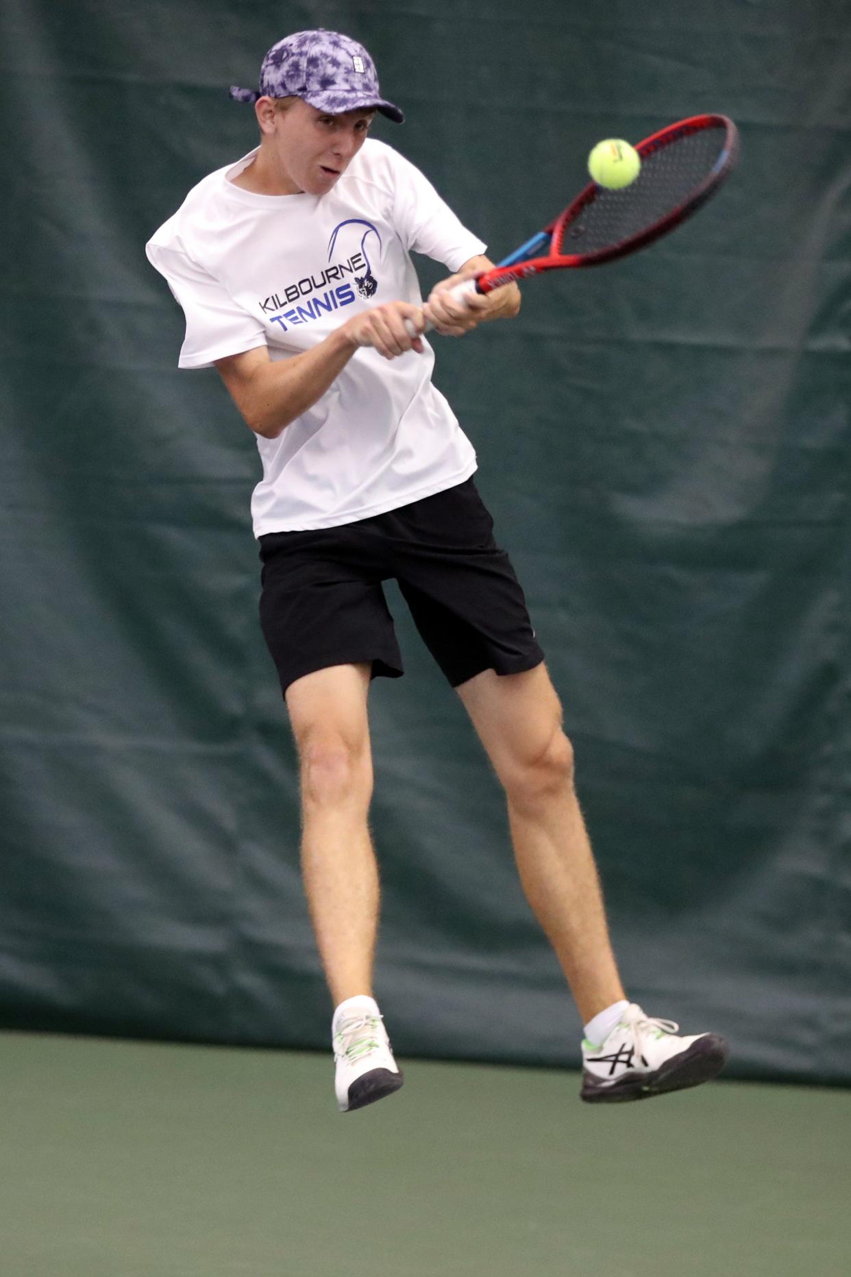 Kilbourne's Owen Alderman plays his opening Division I state match against Mason's Vignesh Gogineni on May 27 at Camargo Racquet Club in Cincinnati. Alderman lost 6-0, 6-0. Gogineni went on to win the singles title.