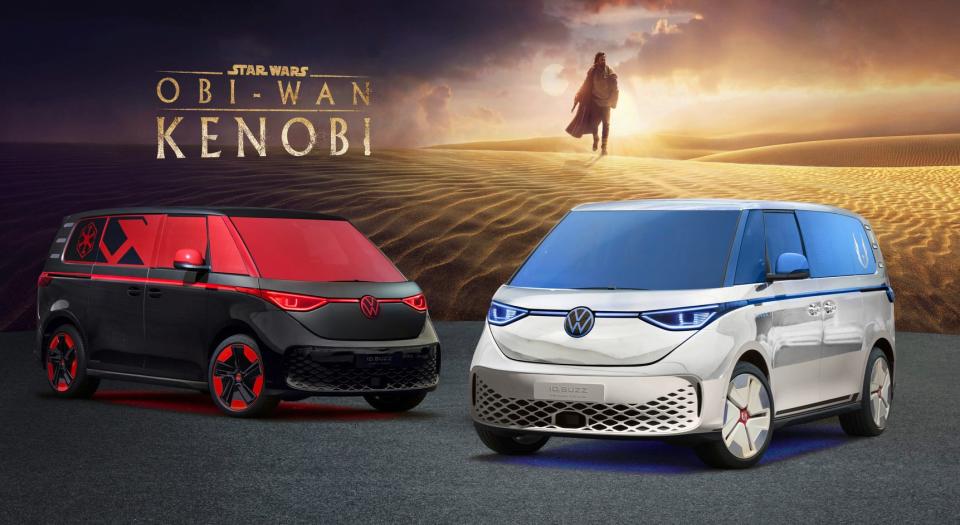 Diese Automodelle im Stil der Star-Wars-Serie „Obi-Wan Kenobi“ wurden von Volkswagen auf Basis des E-Mobils ID. Buzz für das Event „Star Wars Celebration“ entwickelt.
