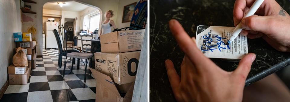 LEFT: Amanda stands in her east-side dining room surrounded by boxes of harm reduction supplies that include clean needles of varying gauge sizes, cookers, condoms and pipes on Friday, July 29, 2022. RIGHT: Amanda recruits a woman who drops by the bungalow on Monday, May 23, 2022, to write "free" and her phone number on dozens of Narcan nasal spray boxes to distribute to the drug-using community. Amanda hopes that writing "free" on the boxes will prevent dealers from reselling Narcan to their customers.