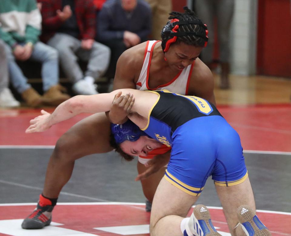 Fox Lane's Barron Ransom, top, pinned Mahopac's at 172 lbs in the Section 1 wrestling dual meet tourney championship held at Fox Lane Dec. 20, 2022.  