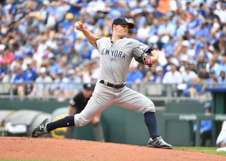 May 20, 2018; Kansas City, MO, USA; New York Yankees starting pitcher Sonny Gray (55) delivers a pitch in the first inning against the Kansas City Royals at Kauffman Stadium. Mandatory Credit: Denny Medley-USA TODAY Sports