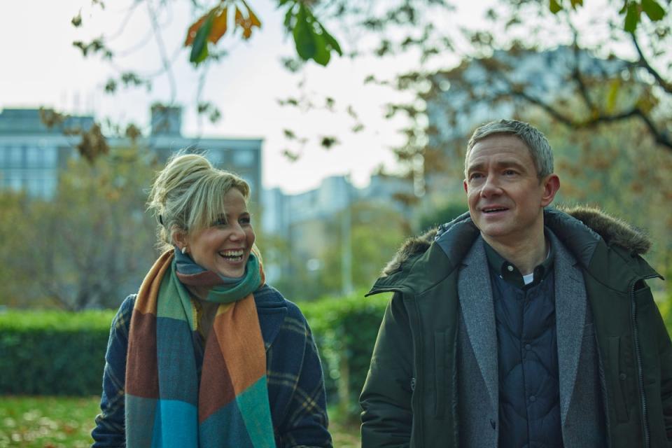 Gaby (Phillips) and Paul (Martin Freeman) strike up a new friendship in ‘Breeders’ season three (Sky)