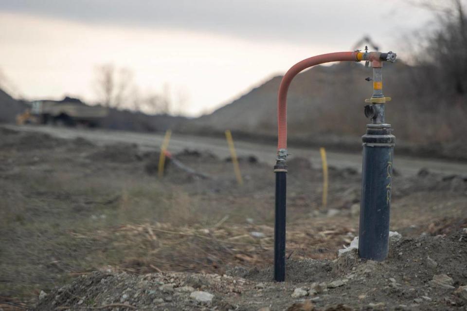 An oil well is seen at the Waste Management landfill facility on Thursday, March 16, 2023, in Kansas City, Kan.