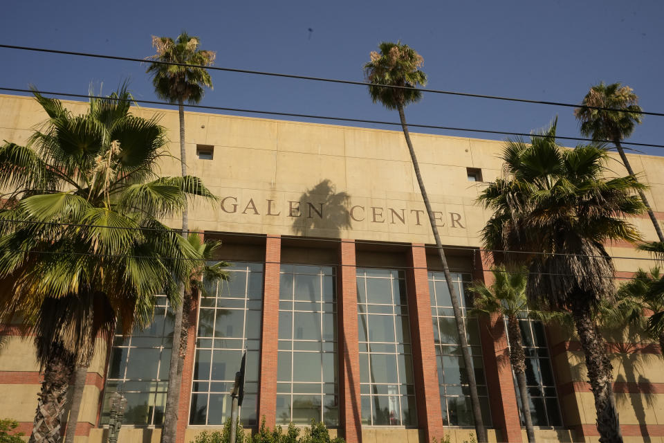 The Galen Center is seen on Tuesday, July 25, 2023, in Los Angeles. Bronny James, son of NBA superstar LeBron James, is hospitalized in stable condition a day after going into cardiac arrest while participating in a basketball practice at the University of Southern California. A family spokesman said USC medical staff treated the 18-year-old James on Monday at Galen Center and he was transported to a hospital. (AP Photo/Damian Dovarganes)
