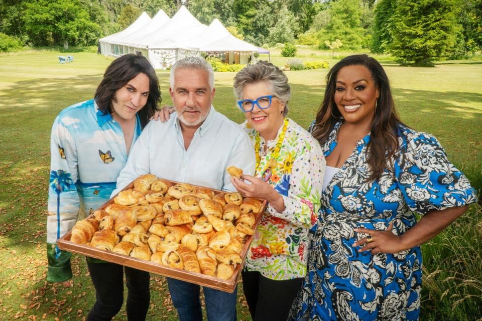 With Noel Fielding, Paul Hollywood and Prue Leith on ‘The Great British Bake Off’, where Hammond has already raised the show’s ‘cuddle count’ (Channel 4)